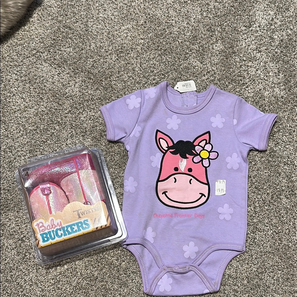 Pink baby cowgirl boots with horse onesie